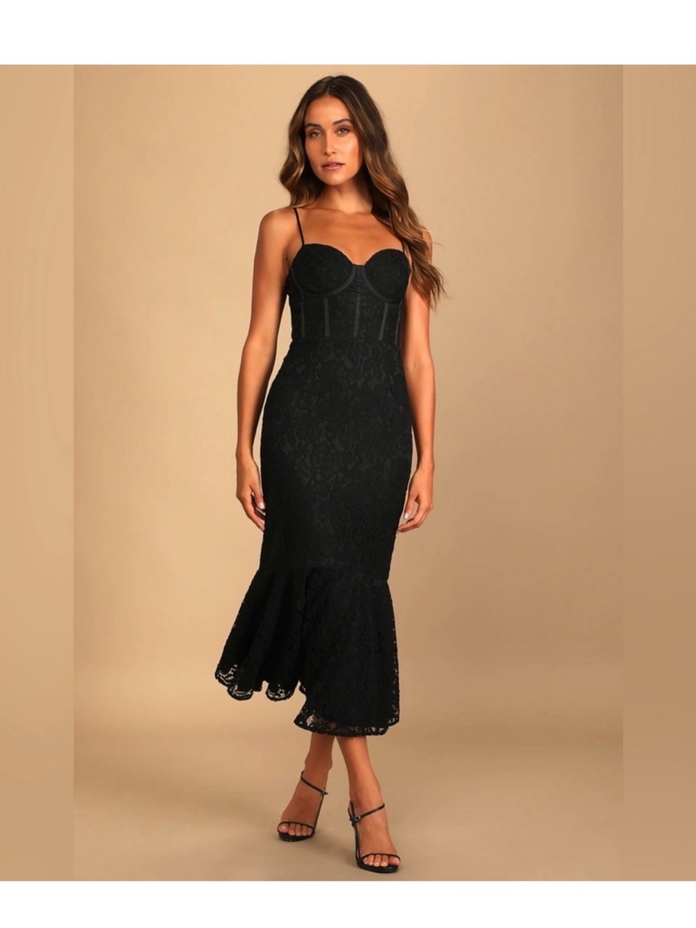 Black Lace Mermaid Midi Dress with Spaghetti Straps